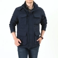 Men's navy blue hooded tactical jacket with multi-pocket design and windproof stand collar - M / Dark Blue