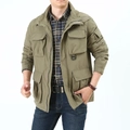 Men's outdoor cargo windbreaker jacket in olive green with multiple utility pockets - M / Khaki
