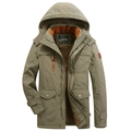 Giacca da uomo verde militare con cappuccio, fodera in pile e tasche multiuso di design - M / Cachi