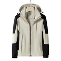 Outdoor waterproof hooded jacket in beige and black colorblock with SPORT chest print - M / Dark Khaki