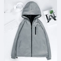 Casual grey hooded windbreaker jacket for men featuring multiple pockets and elastic cuffs - M / Gray