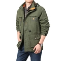 Army green men's hooded outdoor jacket with front lettering and functional pockets - M / Army Green