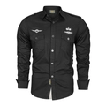 Men's black long-sleeve tactical shirt with chest pockets and military-style badges - M / Black