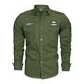 Army green long-sleeved military style work shirt with shoulder straps and embroidered patches - M / Army Green
