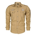 Men's khaki long sleeve tactical cargo shirt with military badges and dual chest pockets - M / Khaki