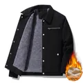 Men's black corduroy jacket with warm fleece lining and minimalist lapel design - M / Black