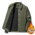Men's dark green corduroy jacket with warm fleece lining and classic lapel collar - M / Army Green