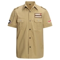 Camicia da uomo a maniche corte in cotone kaki militare con spalline e toppe ricamate - M / Cachi