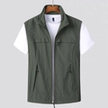 Dark green multi-pocket utility fishing vest for men with stand collar and zipper - M / Army Green