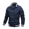 Classic dark blue men's bomber jacket with striped ribbed cuffs and collar detailing - M / Dark Blue