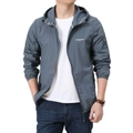 Men's blue-grey hooded ice silk sun protection jacket with zip pocket and chest logo - M / Gray