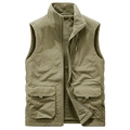 Chaleco polar reversible para hombre con cuello alto y múltiples bolsillos tácticos - M / Caqui