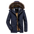 Men's winter heavy padded parka jacket with warm fleece lining and faux fur hood - 3XL / Blue