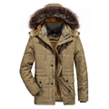 Men's winter khaki parka with heavy fleece lining and thick faux fur hood trim - 3XL / Khaki