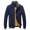 Men's dark blue washed jacket with brown fleece lining and striped ribbed collar design - M / Blue