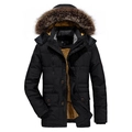 Men's heavy winter parka in black with thick yellow fleece lining and large fur collar - 3XL / Black
