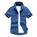 Men's dark blue cotton short-sleeved cargo shirt with dual symmetrical chest pockets - M / Sky Blue