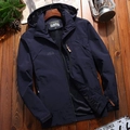 Men's dark blue outdoor windbreaker jacket with hood and mountain print detail - M / Dark Blue
