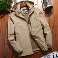 Men's khaki hooded outdoor jacket with chest pocket and mountain embroidery detail - M / Khaki