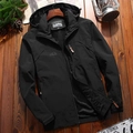 Men's black hooded outdoor jacket with windproof fabric on a rustic wooden background - M / Black