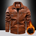 Herren PU-Lederjacke in Braun mit warmem Fleecefutter und Retro-Motorrad-Stehkragen-Stil - M / Erdgelb