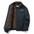 Men's navy blue fleece-lined workwear jacket with ARMY print and brown faux fur interior - 3XL / Dark Blue