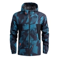 Heren outdoorjas met capuchon en geometrisch camouflagepatroon in blauw en groen met oranje - 3XL / Blauw