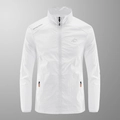 Herren Sonnenschutzjacke aus Eisseide in Weiß mit Stehkragen und orangefarbenen Zips - M / Weiß