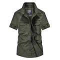 Legergroen cargo shirt met korte mouwen voor heren van katoen met dubbele borstzakken - S / Legergroen