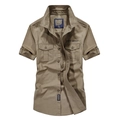 Kaki heren cargo katoenen shirt met korte mouwen en dubbele borstzakken in workwear-stijl - S / Khaki
