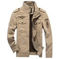 Military style khaki cotton jacket with stand collar and airborne patches for men - 6XL / Khaki