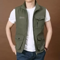 Men's outdoor multi-pocket cargo vest in army green with standing collar and zipper - M / Army Green