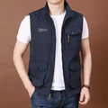 Men's navy multi-pocket outdoor cargo vest with stand collar and zipper closure - M / Navy Blue