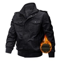 Giacca militare nera da uomo in cotone con tasche e fodera in caldo pile marrone - 3XL / Nero Foderato in Pile
