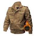 Men's dark khaki military fleece jacket with cotton canvas fabric and warm lining - 3XL / Khaki Fleece Lined