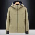 Outdoor olive green hooded fleece jacket with full zipper and windproof standing collar - M / Khaki
