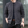 Men's dark grey corduroy bomber jacket with metal zipper and ribbed cuffs for autumn - M / Dark Gray