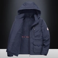 Men's dark blue hooded windbreaker with warm fleece lining and multi-pocket design - M / Dark Blue