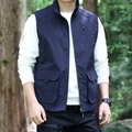 Men's navy multi-pocket utility vest with stand collar and zipper for outdoor casual wear - M / Dark Blue