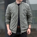 Men's olive green corduroy bomber jacket with ribbed cuffs and zipper closure - M / Army Green
