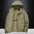 Olive green hooded fleece jacket for men with windproof fabric and multiple pockets - M / Khaki