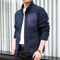 Men's dark blue sherpa fleece jacket with standing collar and chest zipper pocket - M / Dark Blue