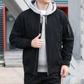 Men's black cargo bomber jacket with multi-pockets and a grey casual hoodie lining - M / Black