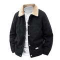 Men's black corduroy jacket with beige lamb wool collar and snap button closure - M / Black