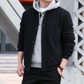 Men's autumn black waffle texture baseball jacket with snap buttons and ribbed cuffs - M / Black