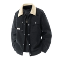 Men's black corduroy jacket with beige fleece collar and metallic snap buttons - M / Black