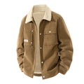Men's brown corduroy jacket with beige fleece collar and metallic snap buttons - M / Khaki