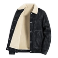 Men's retro black faux suede jacket with white faux shearling lining and metal snaps - M / Black
