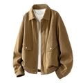 Men's khaki corduroy jacket with zipper closure and ribbed cuffs on white background - M / Khaki