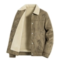 Men's tan faux suede jacket with warm off-white faux shearling lining and metal buttons - M / Army Coffee